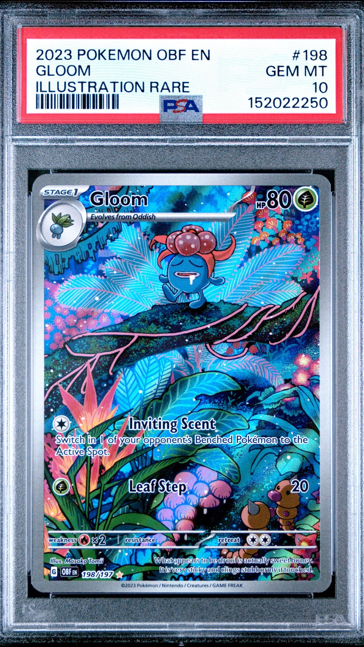 PSA 10 Gloom Illustration Rare from 2023 Pokémon Obsidian Flames, graded Gem Mint in a sealed PSA slab.
