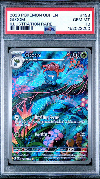 PSA 10 Gloom Illustration Rare from 2023 Pokémon Obsidian Flames, graded Gem Mint in a sealed PSA slab.
