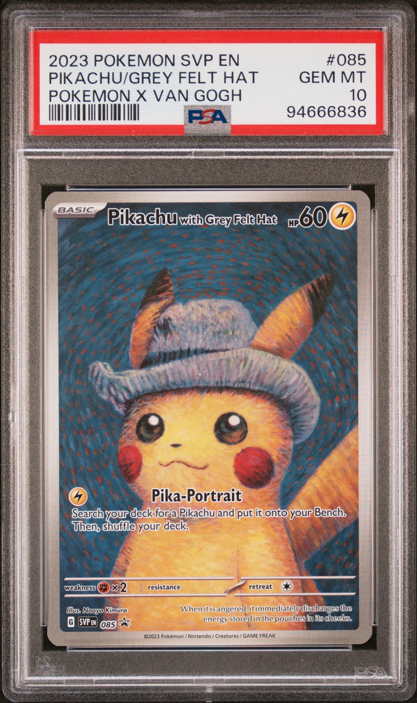 PSA 10 Pikachu Van Gogh Grey Felt Hat Promo #085 from 2023 Pokémon SVP, graded Gem Mint in a sealed PSA slab.
