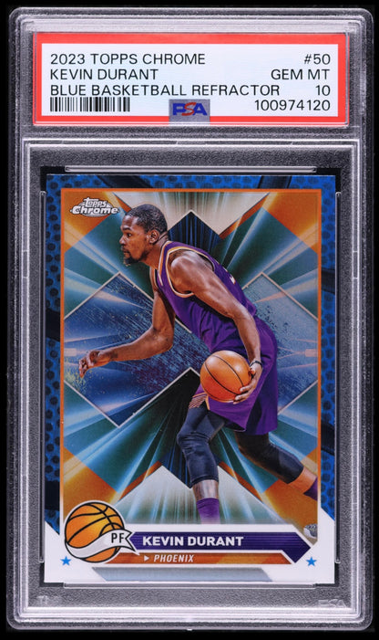 2023 TOPPS CHROME #50 KEVIN DURANT BLUE BASKETBALL REFRACTOR PSA 10 GEM MINT