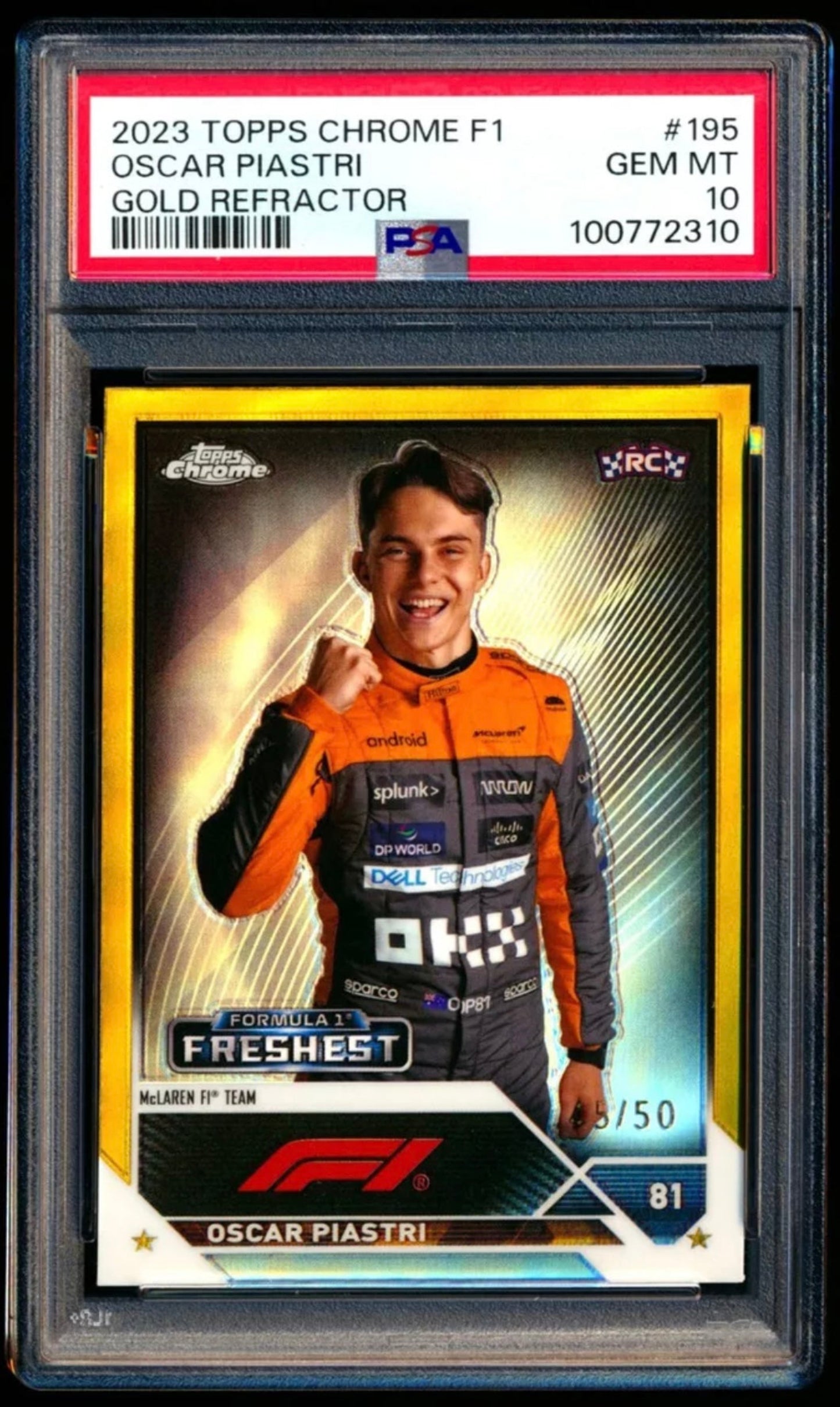 2023 TOPPS CHROME F1 FORMULA 1 #195 OSCAR PIASTRI ROOKIE GOLD REFRACTOR /50 PSA 10 GEM MINT