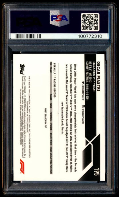 2023 TOPPS CHROME F1 FORMULA 1 #195 OSCAR PIASTRI ROOKIE GOLD REFRACTOR /50 PSA 10 GEM MINT