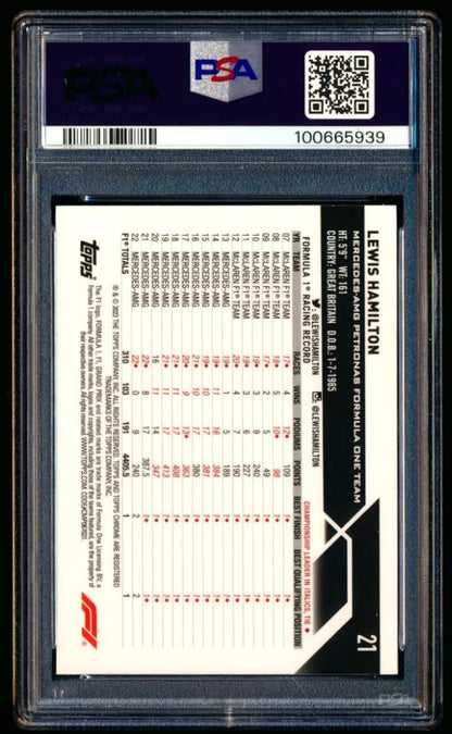 2023 TOPPS CHROME F1 FORMULA 1 #21 LEWIS HAMILTON GOLD REFRACTOR /50 PSA 10 GEM MINT