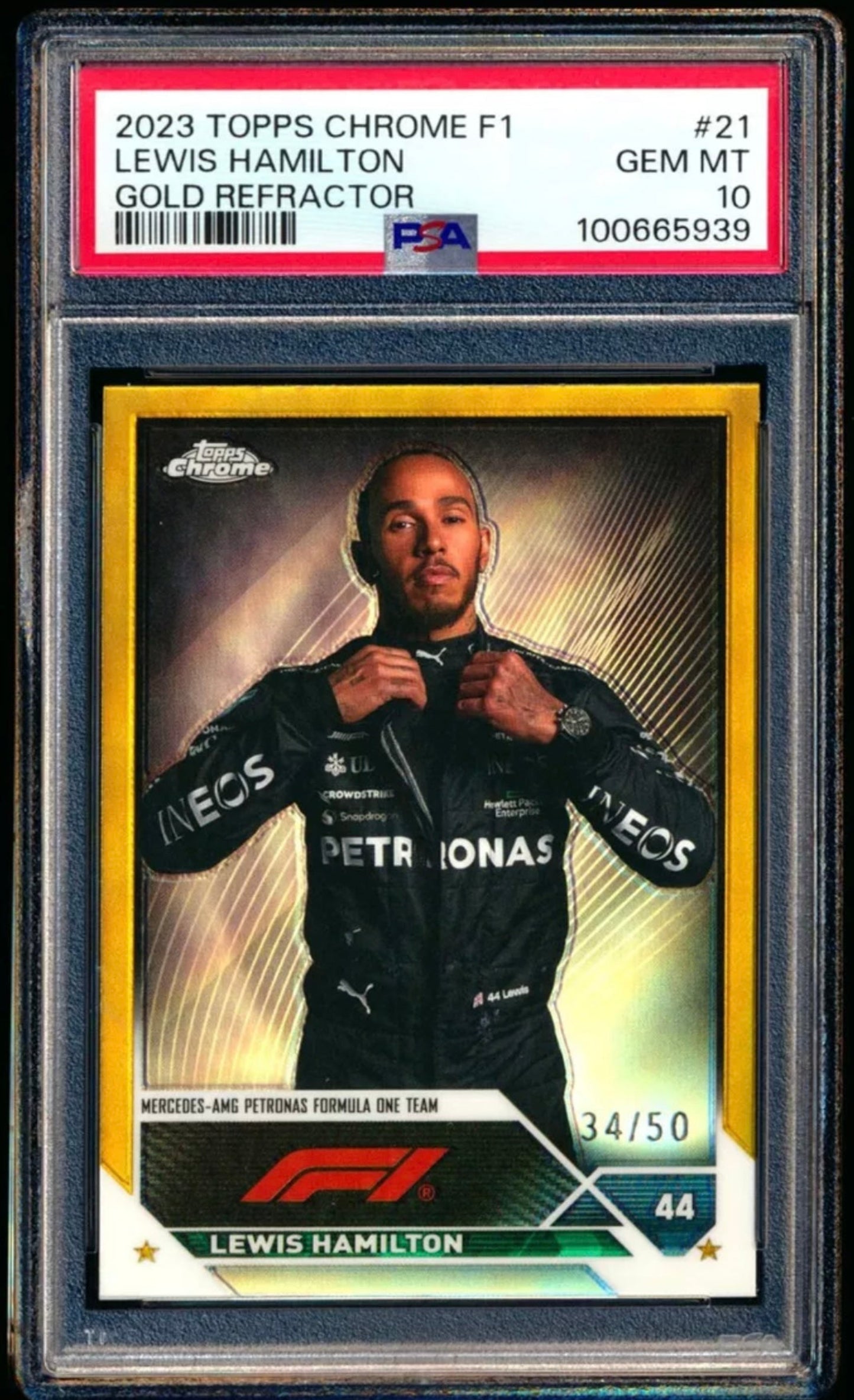 2023 TOPPS CHROME F1 FORMULA 1 #21 LEWIS HAMILTON GOLD REFRACTOR /50 PSA 10 GEM MINT