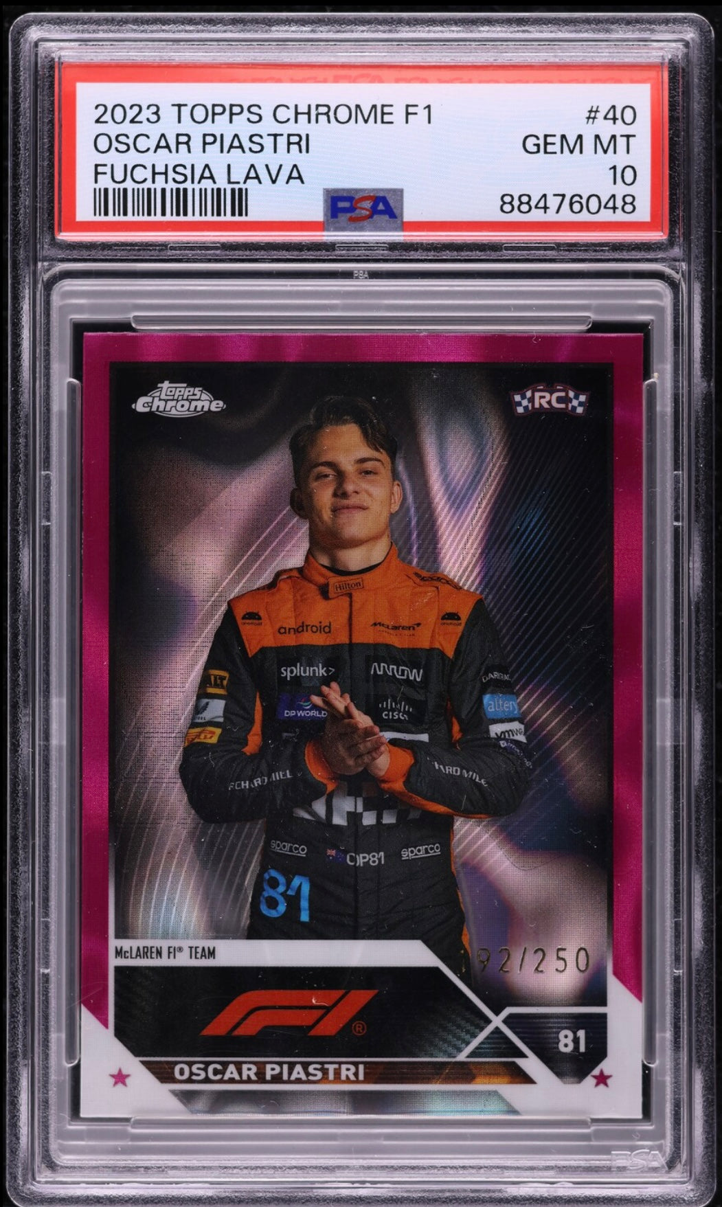 2023 TOPPS CHROME F1 FORMULA 1 #40 OSCAR PIASTRI ROOKIE FUCHSIA LAVA /250 PSA 10 GEM MINT