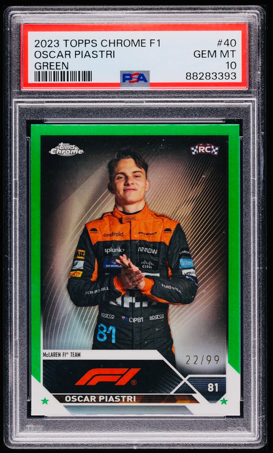 2023 TOPPS CHROME F1 FORMULA 1 #40 OSCAR PIASTRI ROOKIE GREEN REFRACTOR /99 PSA 10 GEM MINT