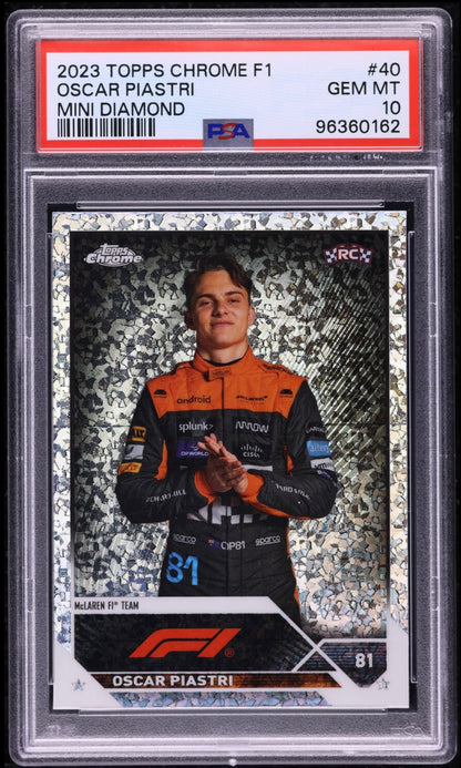 2023 TOPPS CHROME F1 FORMULA 1 #40 OSCAR PIASTRI ROOKIE MINI DIAMOND REFRACTOR /299 PSA 10 GEM MINT
