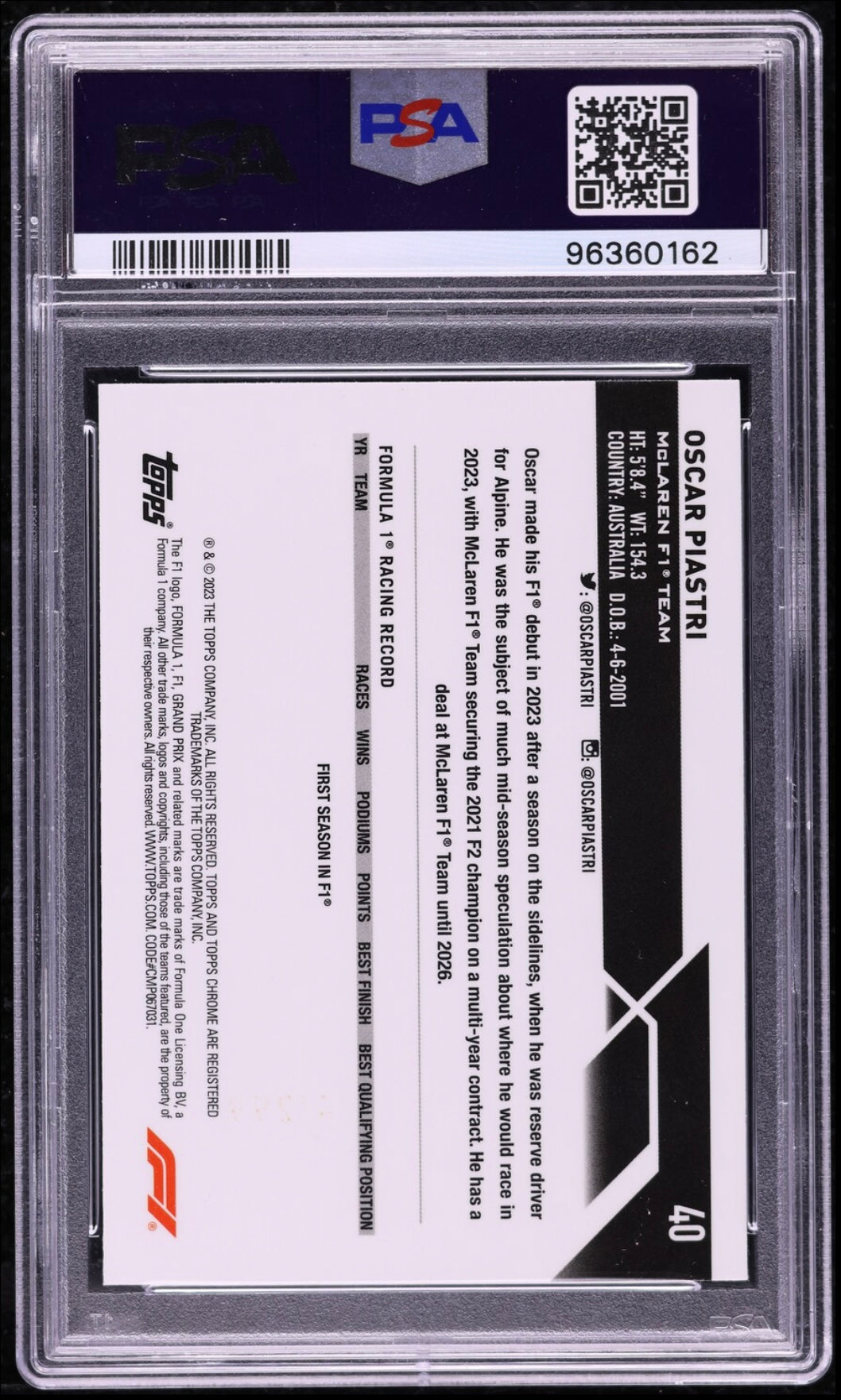 2023 TOPPS CHROME F1 FORMULA 1 #40 OSCAR PIASTRI ROOKIE MINI DIAMOND REFRACTOR /299 PSA 10 GEM MINT