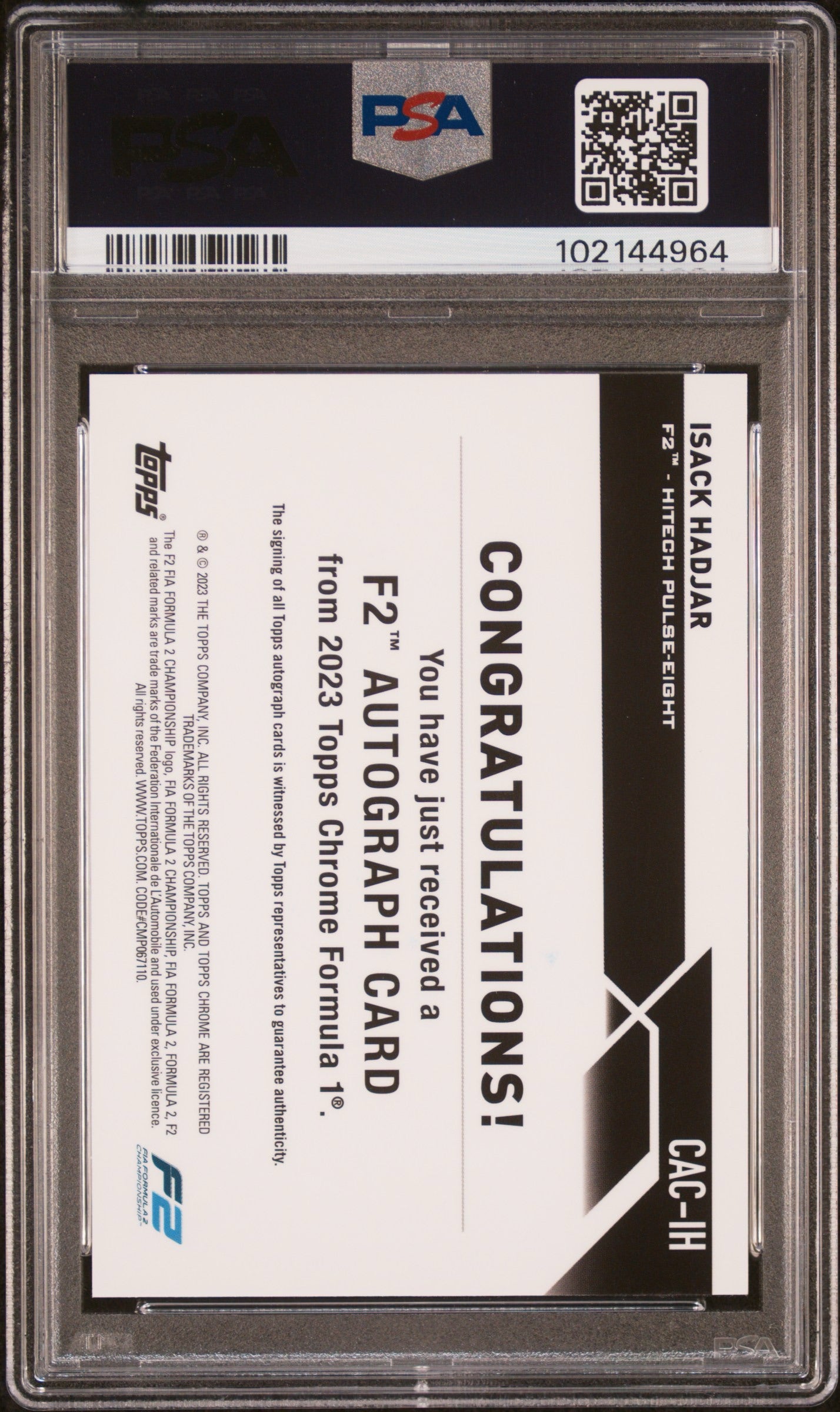 2023 TOPPS CHROME F1 FORMULA 1 CHROME AUTOGRAPHS #CACIH ISACK HADJAR ROOKIE AUTOGRAPH-GOLD REFRACTOR /50 PSA 10 GEM MINT
