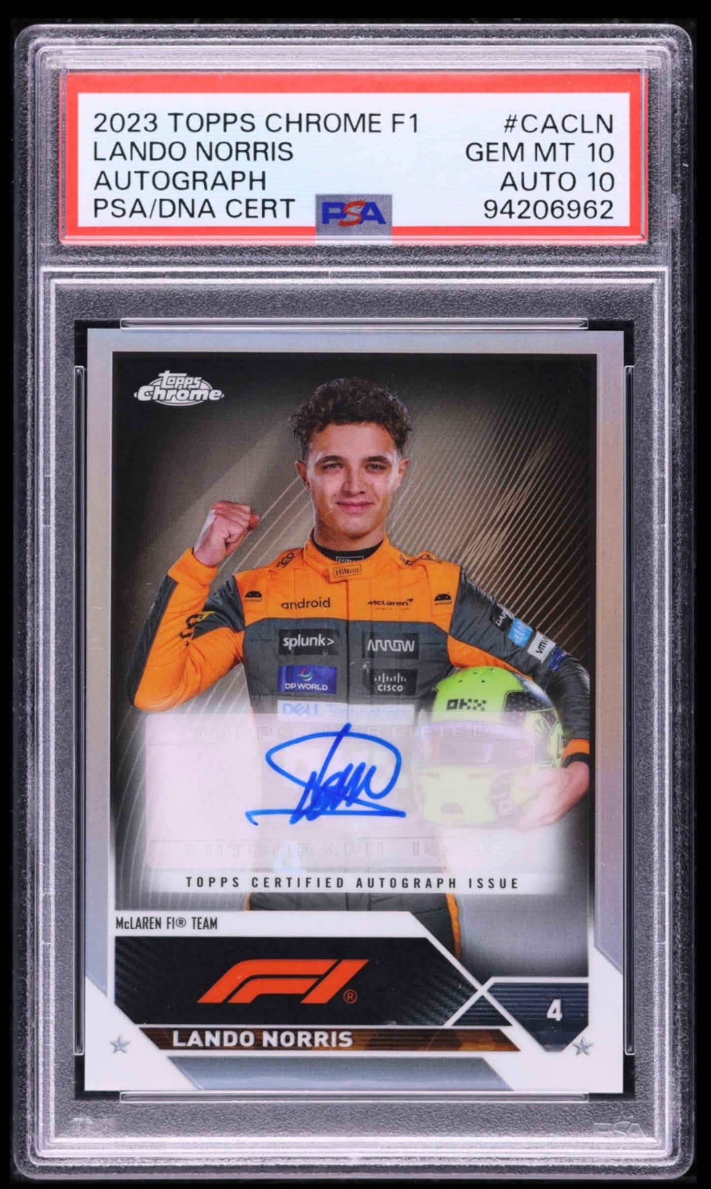 2023 TOPPS CHROME F1 FORMULA 1 CHROME AUTOGRAPHS #CACLN LANDO NORRIS AUTOGRAPH REFRACTOR PSA 10 AUTO 10 GEM MINT