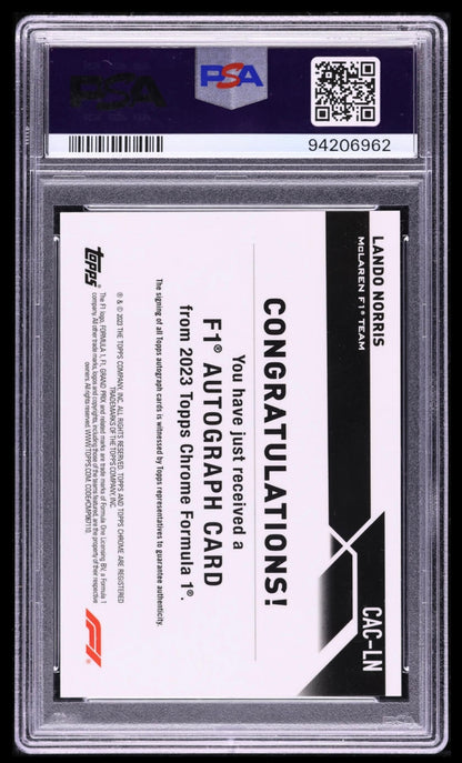 2023 TOPPS CHROME F1 FORMULA 1 CHROME AUTOGRAPHS #CACLN LANDO NORRIS AUTOGRAPH REFRACTOR PSA 10 AUTO 10 GEM MINT