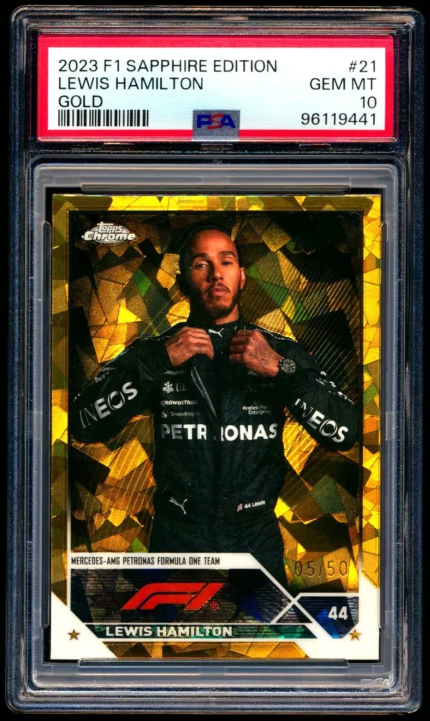 2023 TOPPS CHROME F1 FORMULA 1 SAPPHIRE EDITION #21 LEWIS HAMILTON GOLD REFRACTOR /50 PSA 10 GEM MINT