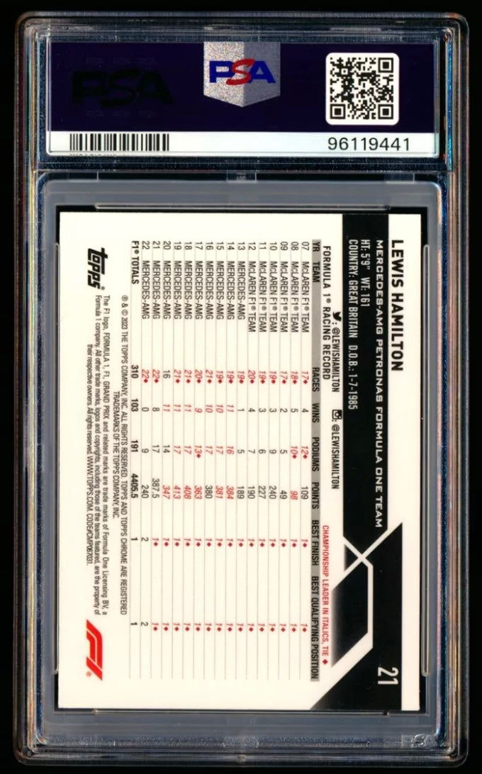 2023 TOPPS CHROME F1 FORMULA 1 SAPPHIRE EDITION #21 LEWIS HAMILTON GOLD REFRACTOR /50 PSA 10 GEM MINT