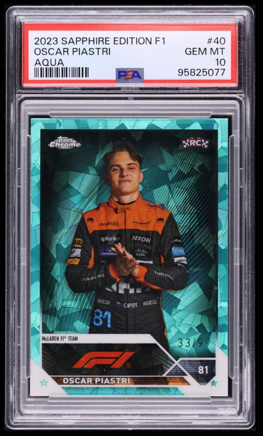 2023 TOPPS CHROME F1 FORMULA 1 SAPPHIRE EDITION #40 OSCAR PIASTRI ROOKIE AQUA REFRACTOR /99 PSA 10 GEM MINT