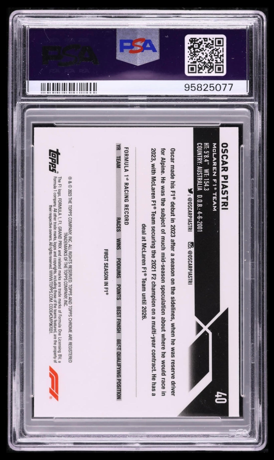 2023 TOPPS CHROME F1 FORMULA 1 SAPPHIRE EDITION #40 OSCAR PIASTRI ROOKIE AQUA REFRACTOR /99 PSA 10 GEM MINT