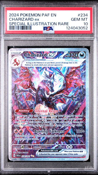PSA 10 Charizard EX Special Illustration Rare from 2024 Pokémon Paldean Fates, graded Gem Mint in a sealed PSA slab.
