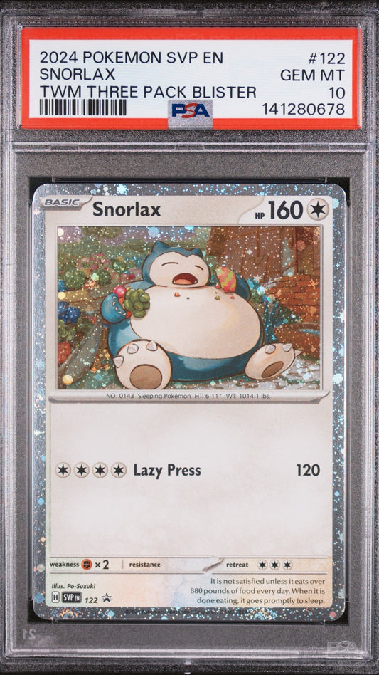 PSA 10 Snorlax Black Star Promo #122 from the 2024 Pokémon SVP Three Pack Blister, graded Gem Mint in a sealed PSA slab.
