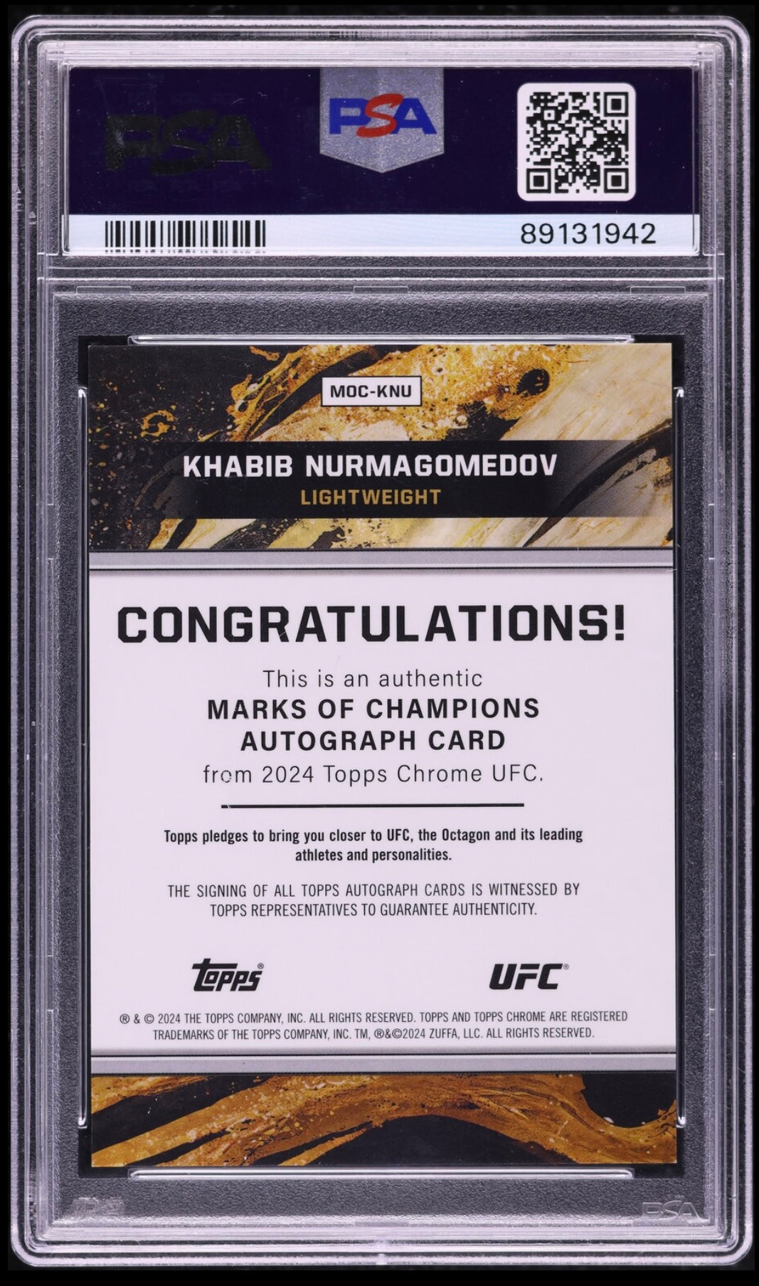 2024 TOPPS CHROME UFC MARKS OF CHAMPIONS AUTOGRAPHS #MOCKNU KHABIB NURMAGOMEDOV MARKS OF CHAMPIONS AUTO PSA 10 GEM MINT