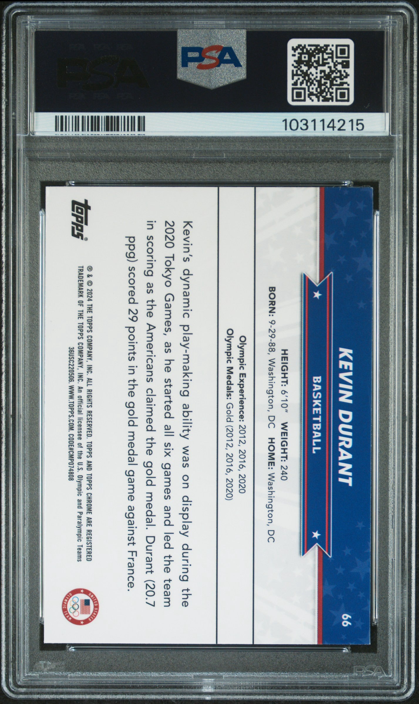 2024 TOPPS CHROME US OLYMPIC AND PARALYMPIC HOPEFULS #66 KEVIN DURANT BLUE REFRACTOR /150 PSA 10 GEM MINT