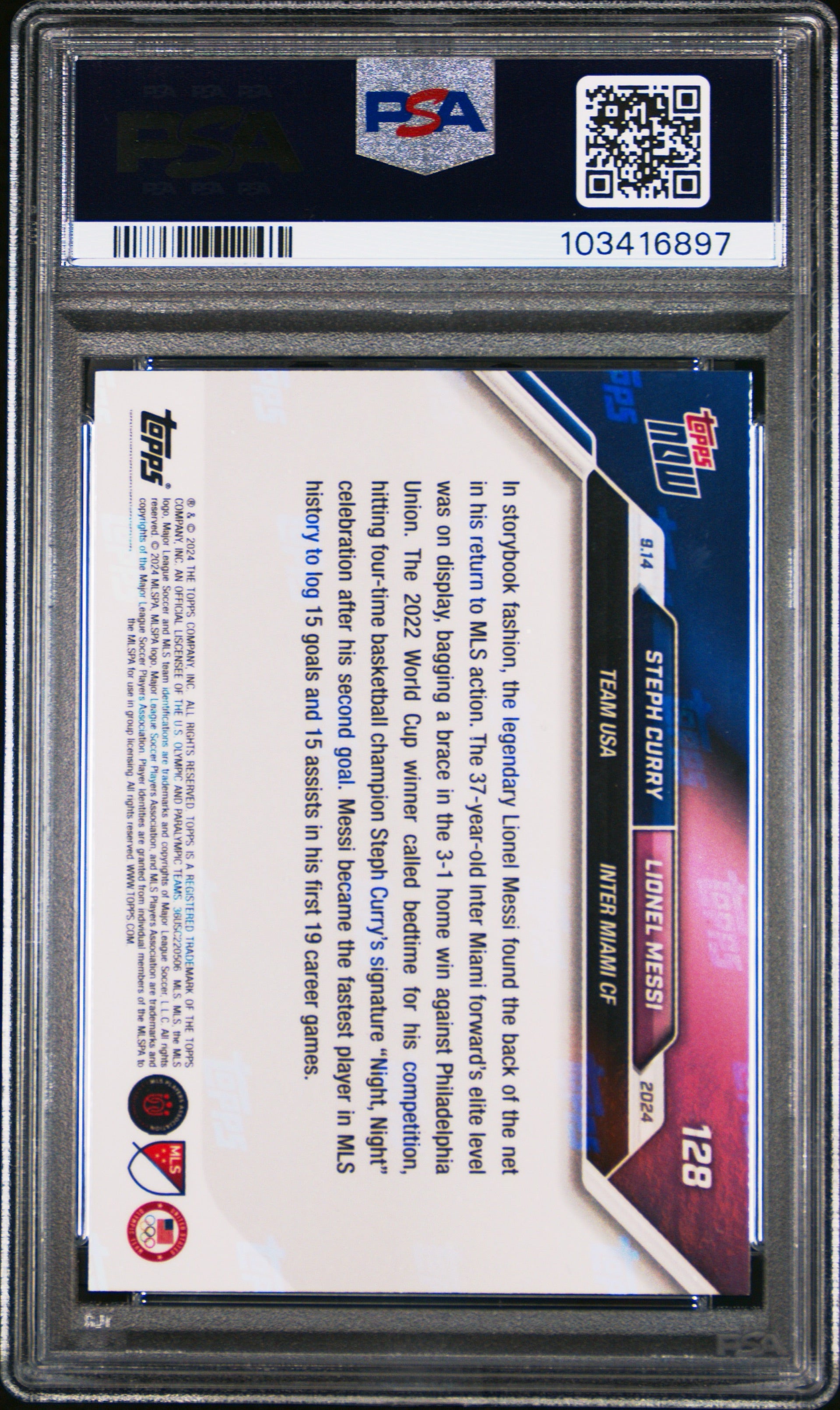 2024 TOPPS NOW MLS #128 CURRY/MESSI NIGHT NIGHT PSA 10 GEM MINT (Serial 897) - 2