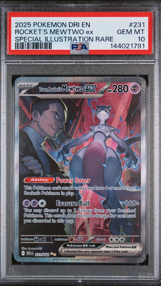 PSA 10 Rocket’s Mewtwo EX Special Illustration Rare from 2025 Pokémon Destined Rivals, graded Gem Mint in a sealed PSA slab.
