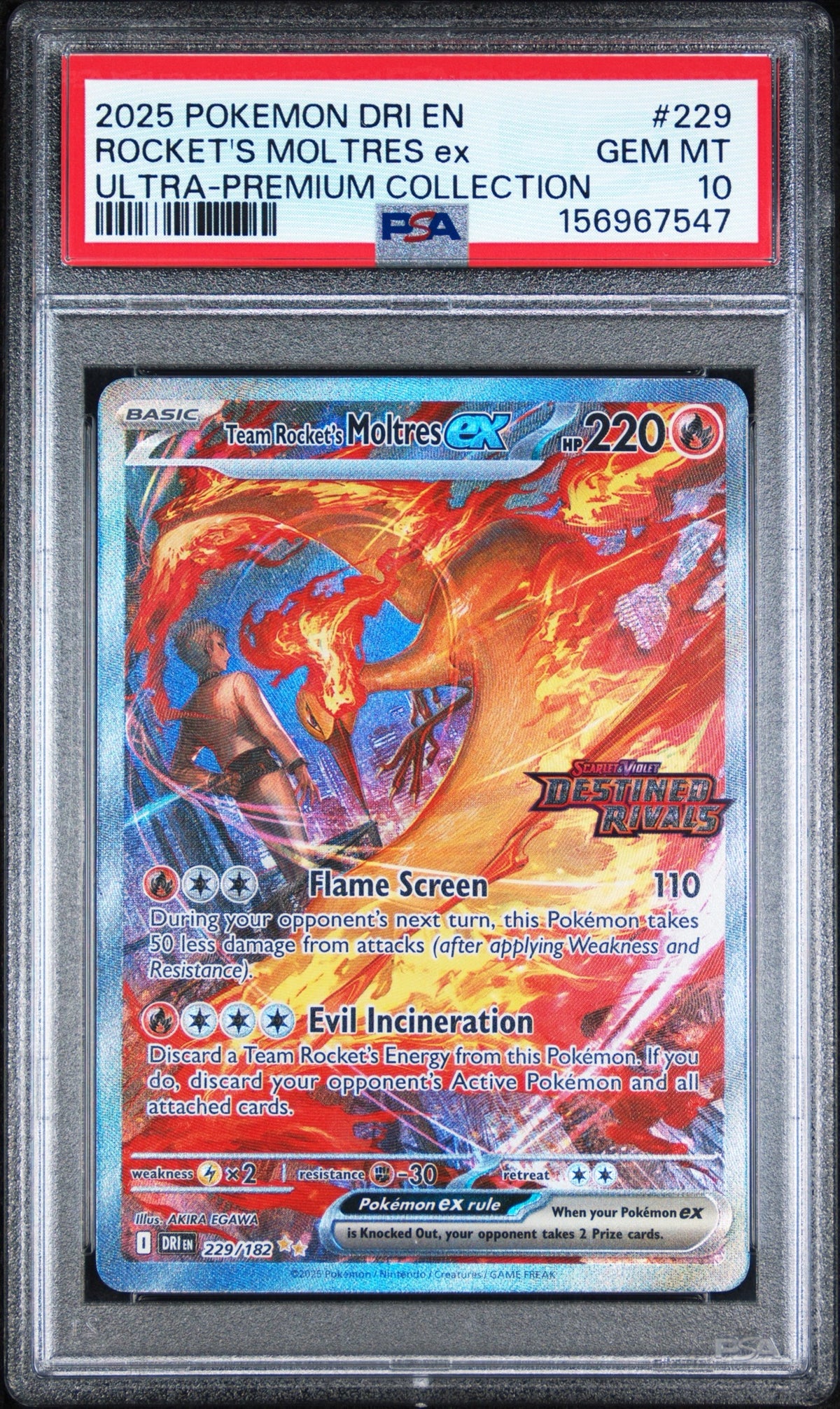 2025 Pokémon Destined Rivals Rocket’s Moltres EX #229 Ultra Premium Collection graded PSA 10 Gem Mint
