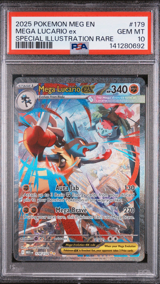 PSA 10 Mega Lucario EX Special Illustration Rare from 2025 Pokémon Mega Evolution, graded Gem Mint in a sealed PSA slab.
