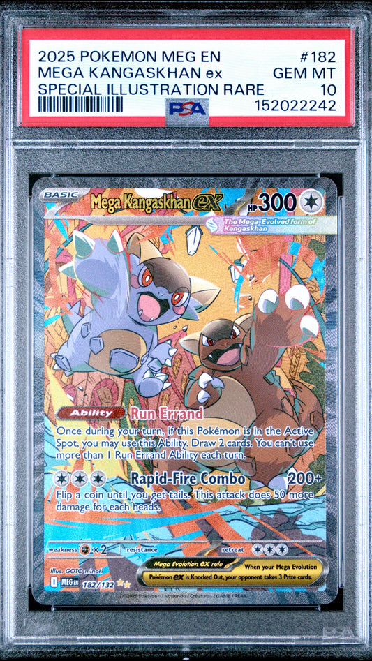 PSA 10 Mega Kangaskhan EX Special Illustration Rare #182 from 2025 Pokémon Mega Evolution, graded Gem Mint in a sealed PSA slab.
