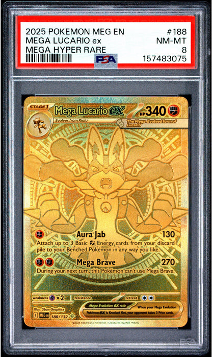 2025 Pokémon Mega Evolution Mega Lucario EX #188 Mega Hyper Rare graded PSA 8 NM-MT
