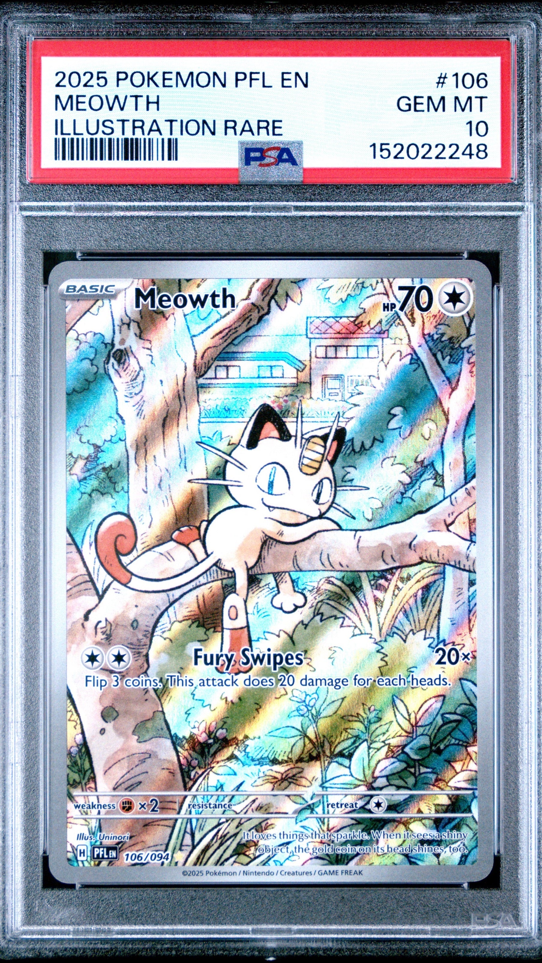 PSA 10 Meowth Illustration Rare #106 from 2025 Pokémon Phantasmal Flames, graded Gem Mint in a sealed PSA slab.
