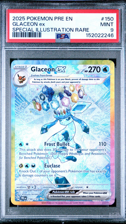 PSA 9 Glaceon EX Special Illustration Rare from 2025 Pokémon Prismatic Evolutions, graded Mint in a sealed PSA slab.
