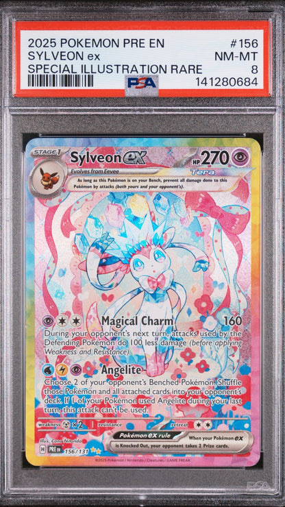 PSA 8 Sylveon EX Special Illustration Rare from 2025 Pokémon Prismatic Evolutions, graded NM-MT in a sealed PSA slab.
