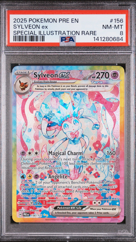 PSA 8 Sylveon EX Special Illustration Rare from 2025 Pokémon Prismatic Evolutions, graded NM-MT in a sealed PSA slab.
