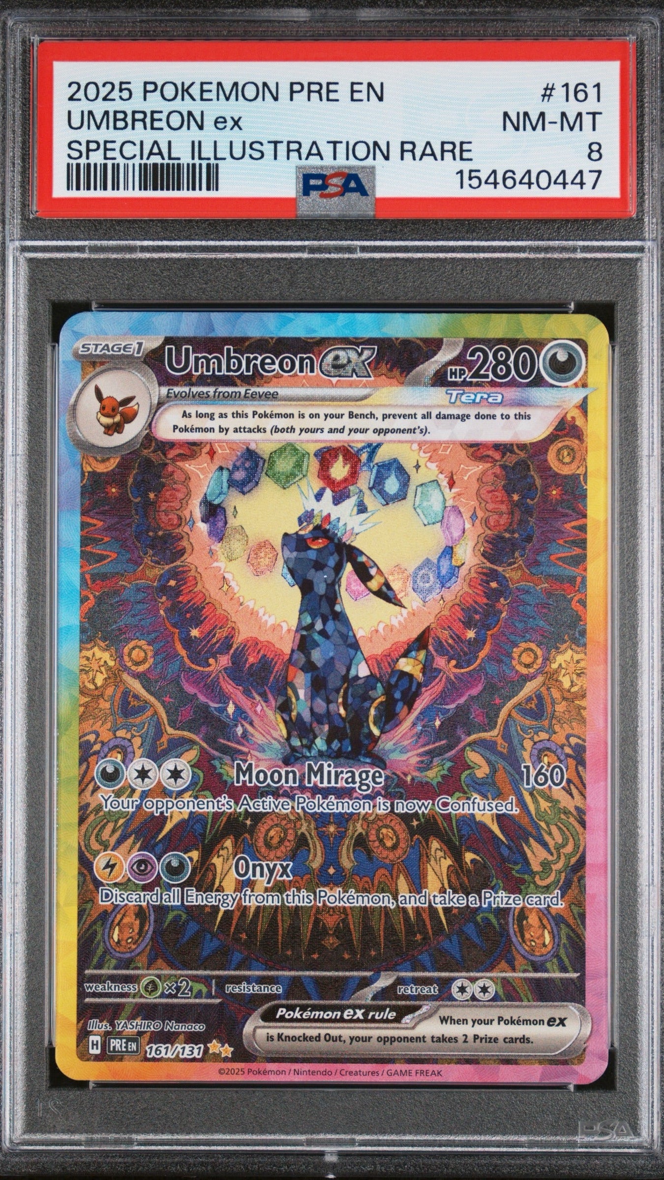PSA 8 Umbreon EX Special Illustration Rare from 2025 Pokémon Prismatic Evolutions, graded NM-MT in a sealed PSA slab.
