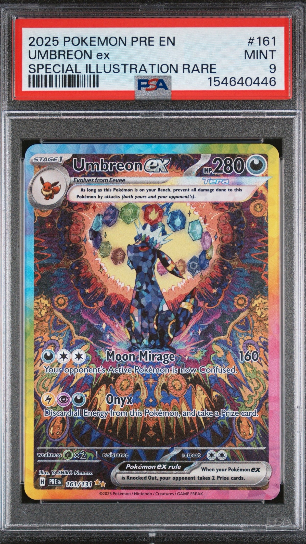 PSA 9 Umbreon EX Special Illustration Rare from 2025 Pokémon Prismatic Evolutions, graded Mint in a sealed PSA slab.
