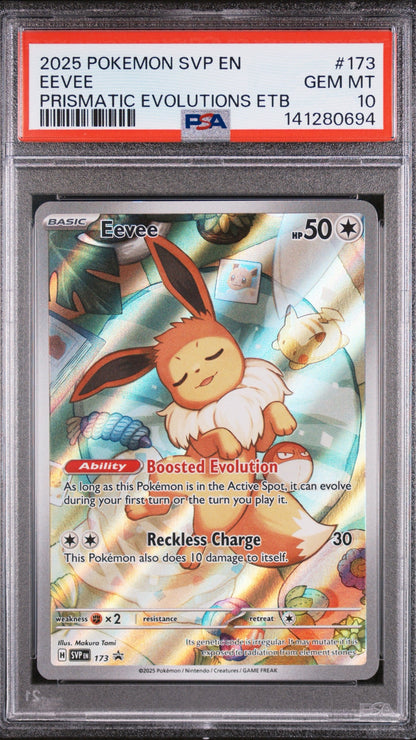 PSA 10 Eevee Black Star Promo #173 from the 2025 Pokémon SVP Prismatic Evolutions line, graded Gem Mint in a sealed PSA slab.
