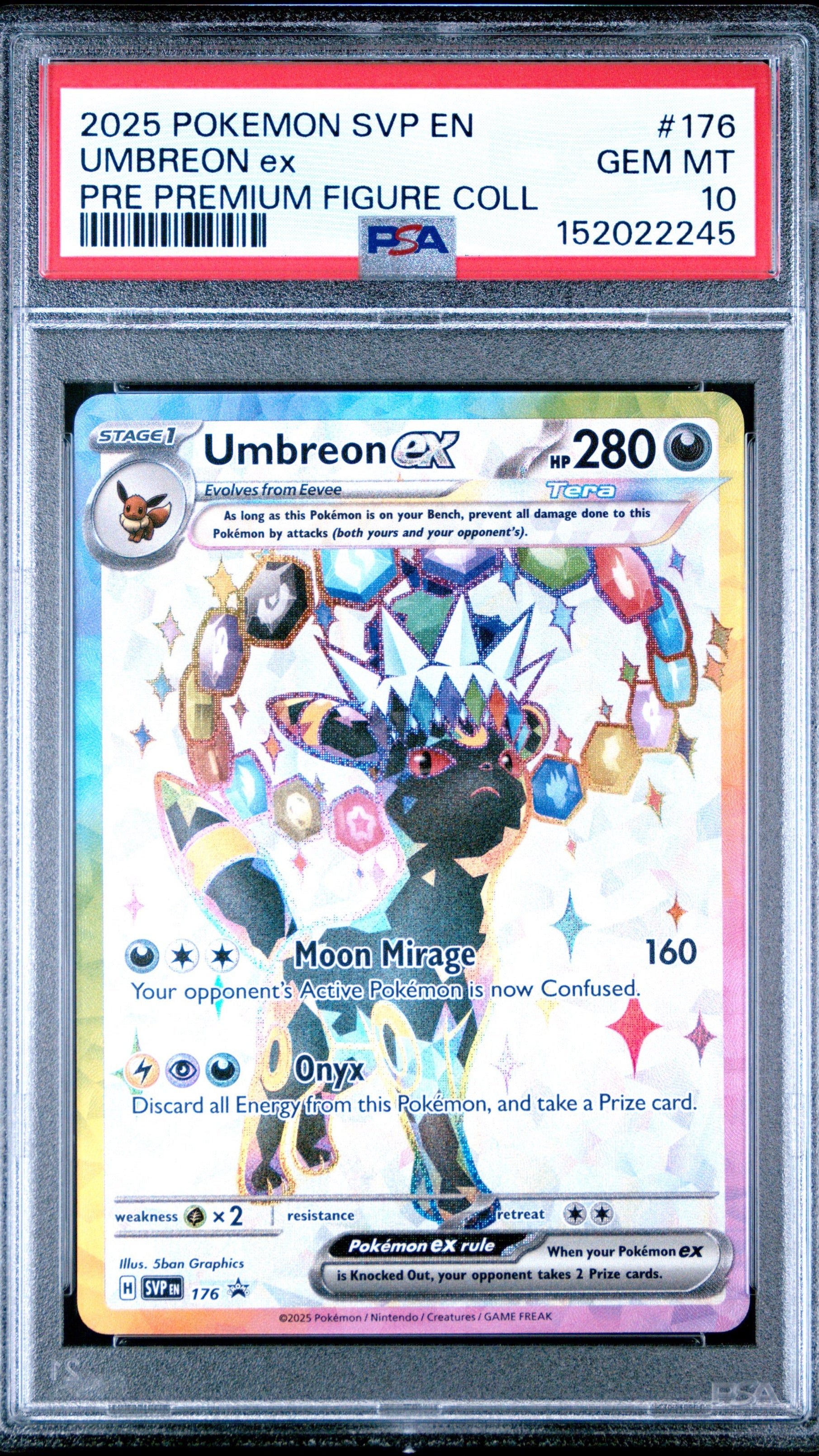 PSA 10 Umbreon EX Black Star Promo #176 from the 2025 Pokémon SVP Premium Figure Collection, graded Gem Mint in a sealed PSA slab.
