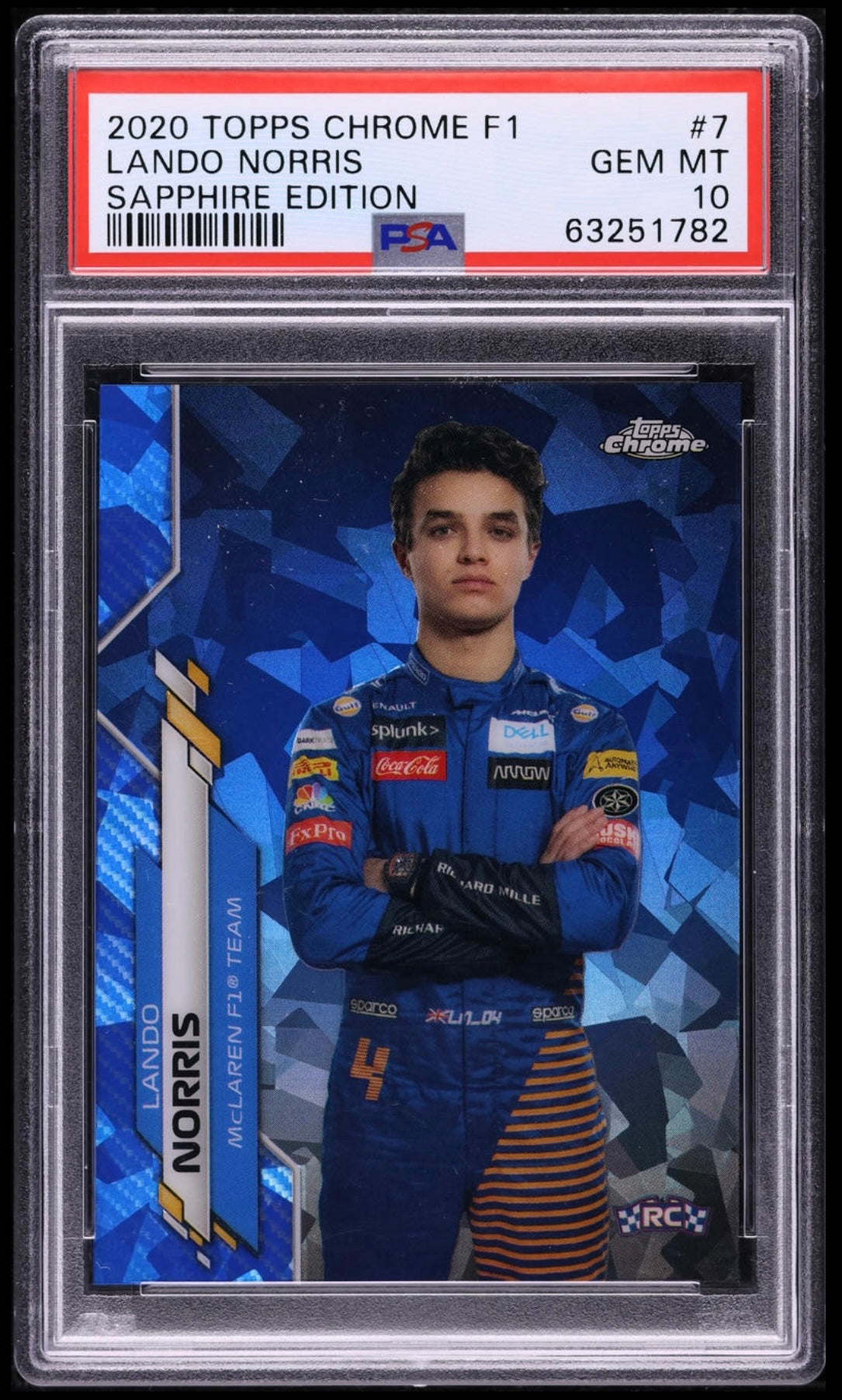 2020 Topps Chrome F1 Formula 1 Sapphire Edition Lando Norris #7 Rookie PSA 10 Gem Mint (Serial 782)