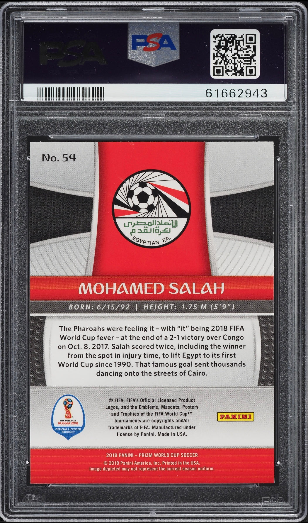 2018 Panini World Cup Mohamed Salah #54 PSA 10 Gem Mint (Serial 943)
