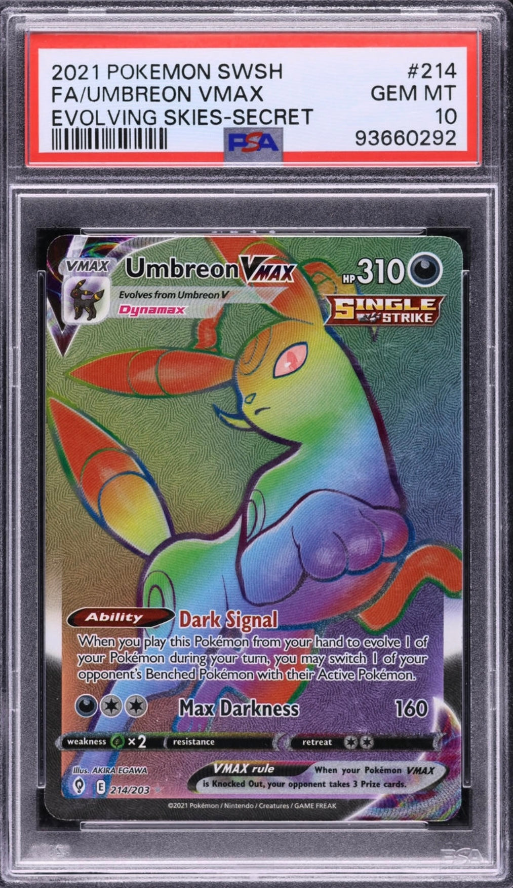 2021 Pokemon TCG Sword & Shield Evolving Skies Evolving Skies-Secret Fa/ Umbreon Vmax #214 PSA 10 Gem Mint