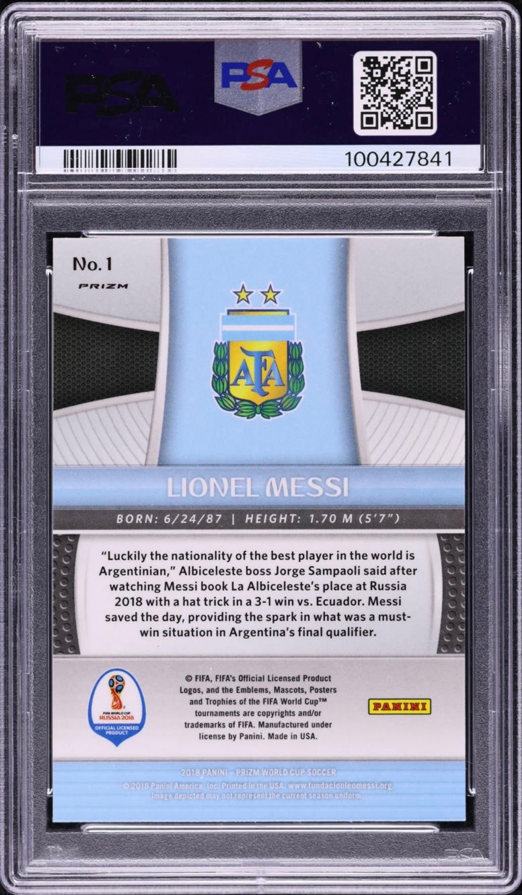 2018 Panini Prizm World Cup Silver Prizm Refractor  Lionel Messi #1 PSA 10 Gem Mint