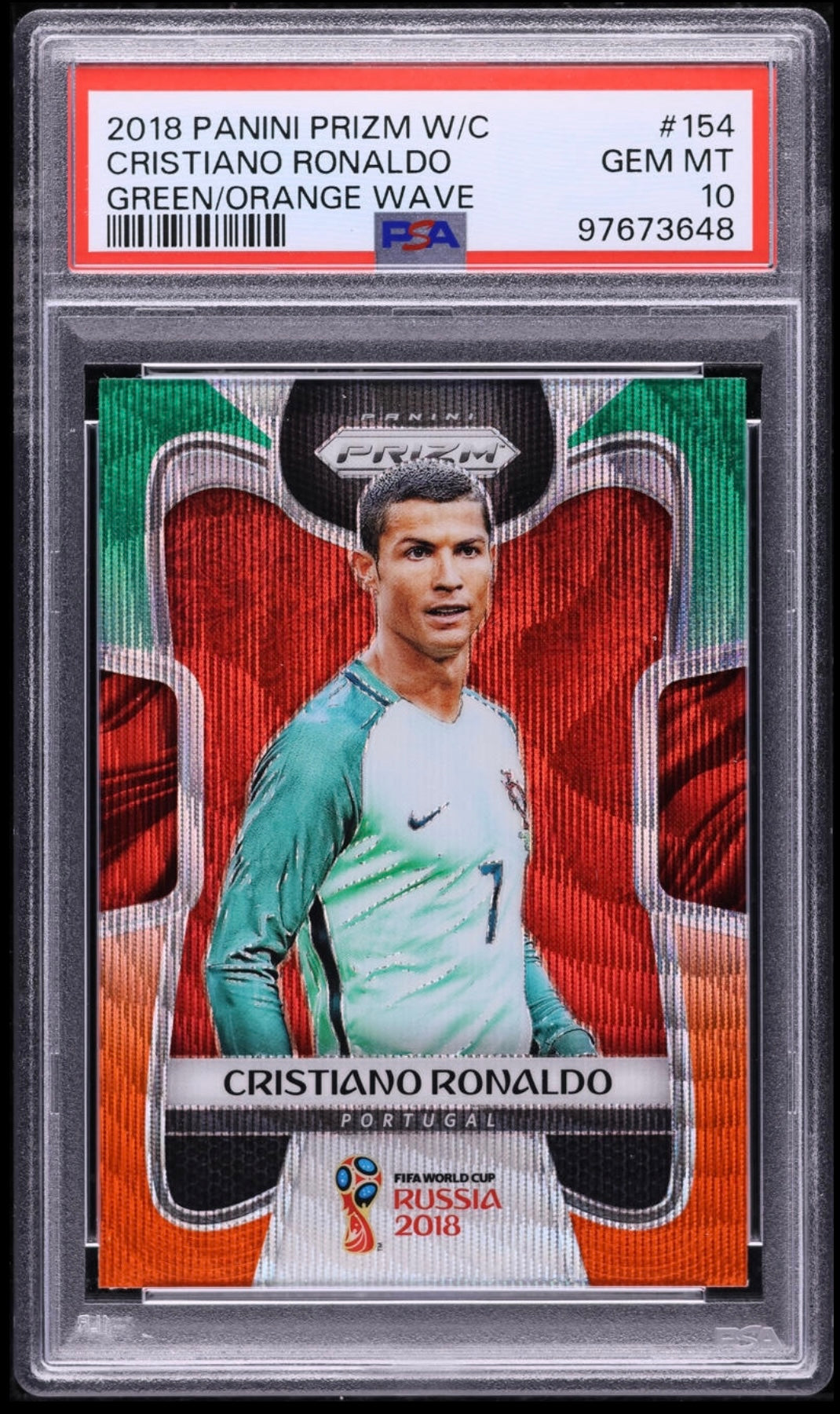 2018 Panini Prizm World Cup Green/Orange Wave Cristiano Ronaldo #154 PSA 10 Gem Mint