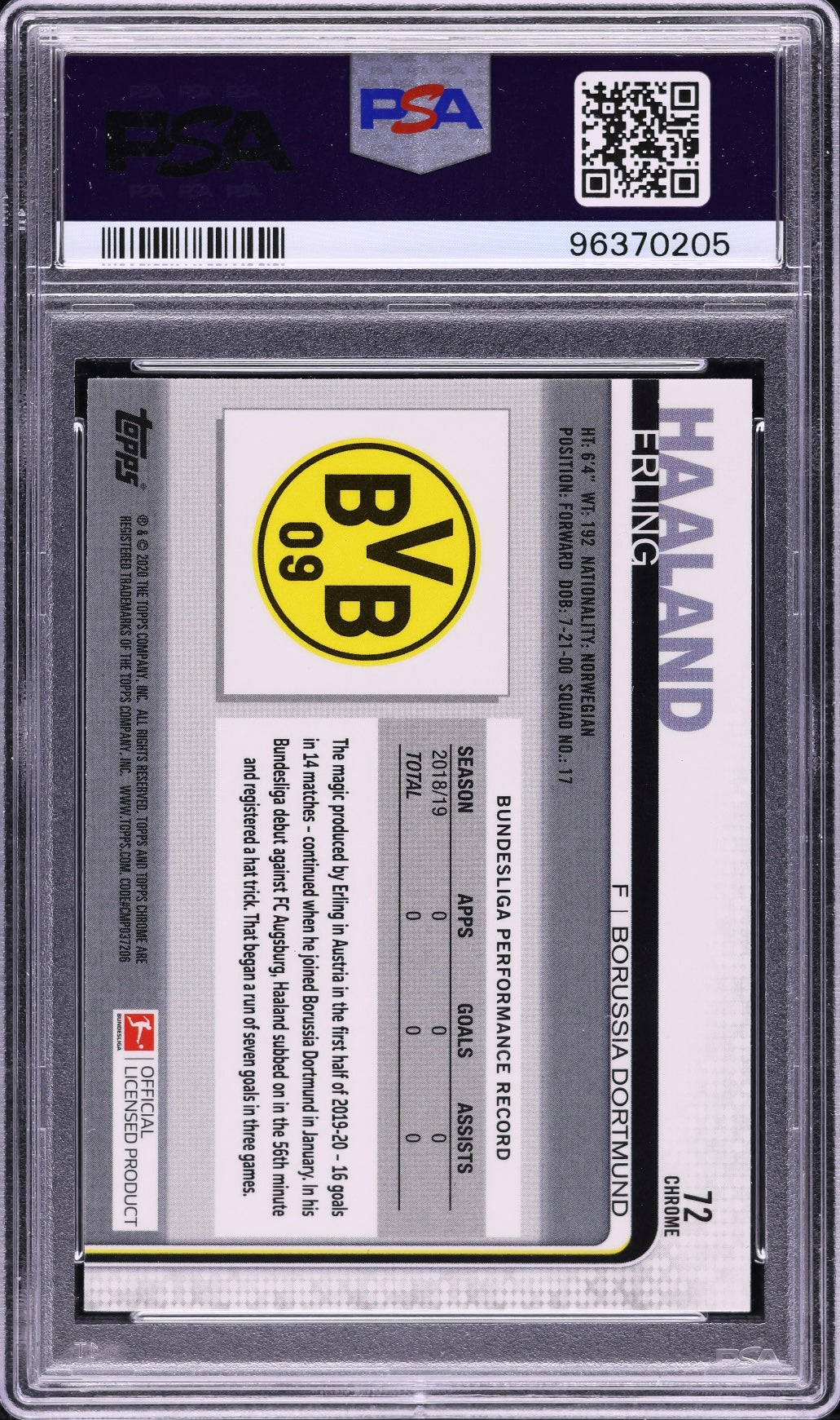 2019 Topps Chrome Bundesliga Erling Haaland Rookie #72 Rookie PSA 10 Gem Mint