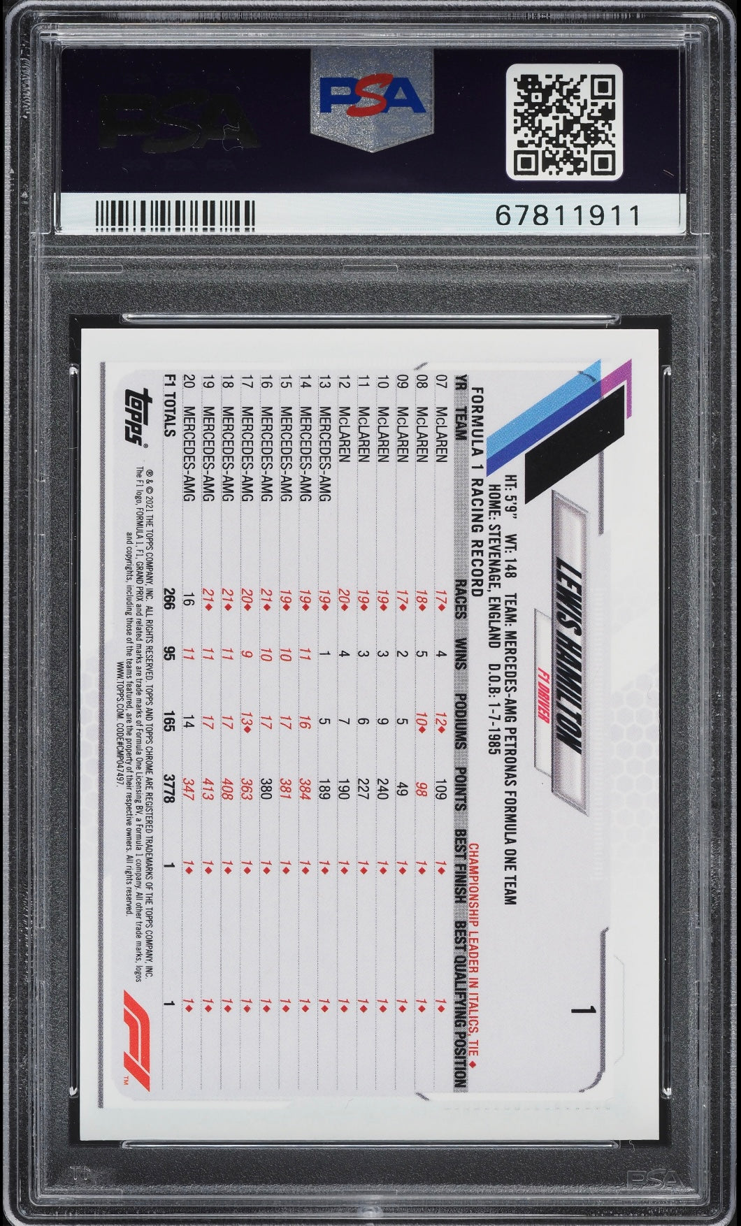 2021 Topps Chrome F1 Formula 1 #1 Lewis Hamilton PSA 10 Gem Mint