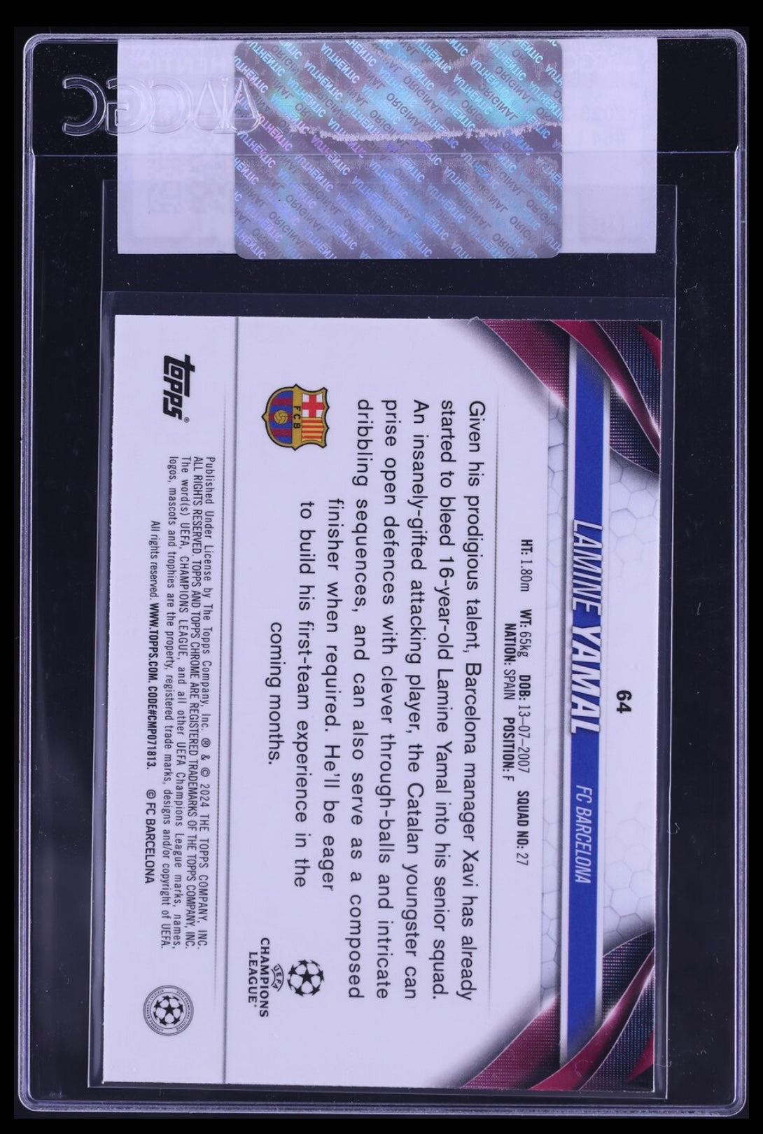 2023-24 Topps Chrome UEFA  Club Competitions #64 Lamine Yamal Rookie CGC Certified Authenticity (Serial 044)