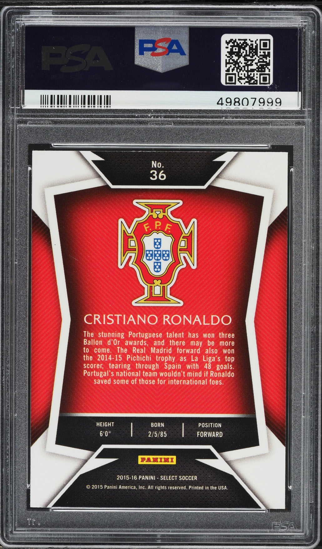 2015 Panini Select #36 Cristiano Ronaldo White Jersey PSA 10 Gem Mint