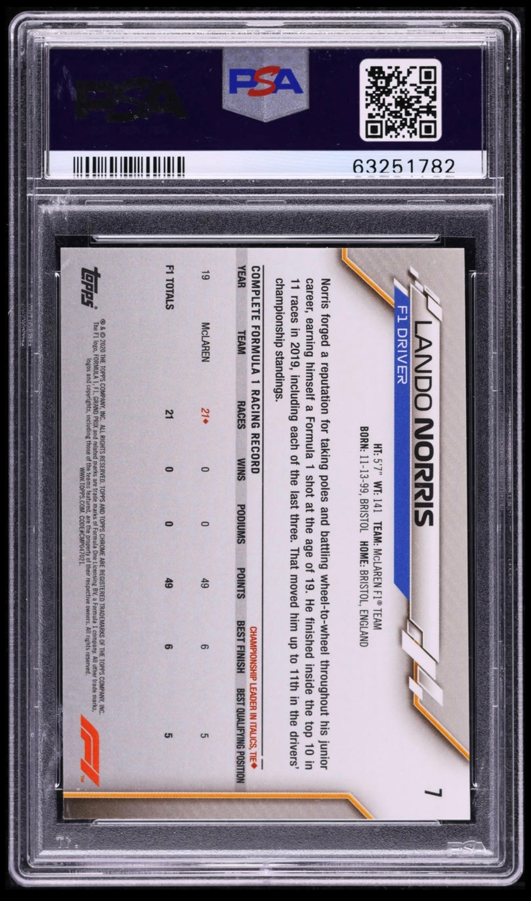 2020 Topps Chrome F1 Formula 1 Sapphire Edition Lando Norris #7 Rookie PSA 10 Gem Mint (Serial 782)