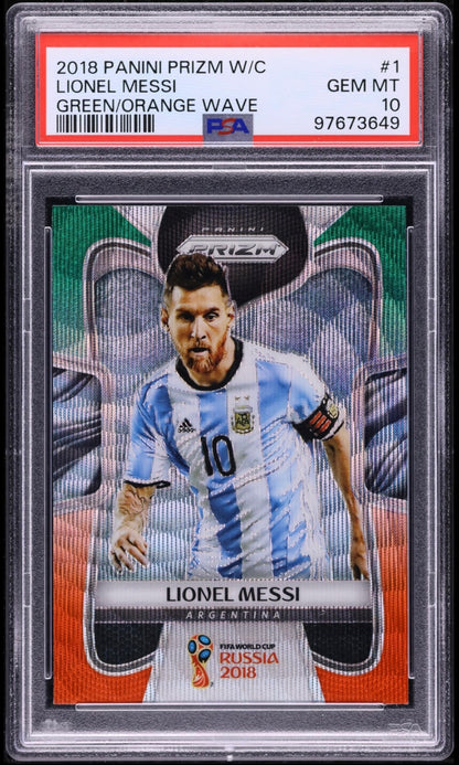 2018 Panini Prizm World Cup Green/Orange Wave Lionel Messi #1 PSA 10 Gem Mint