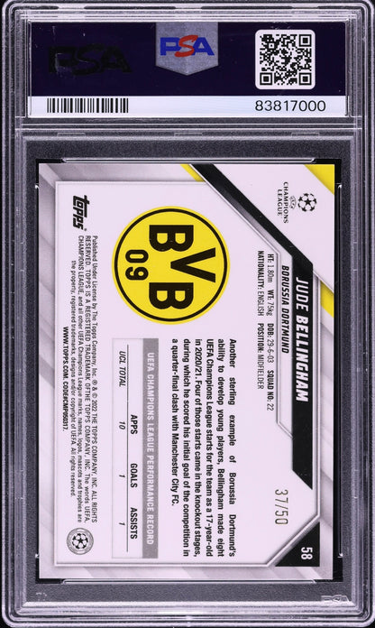 2021 Topps Chrome Sapphire UEFA Orange Jude Bellingham /50 #58 PSA 10 Gem Mint