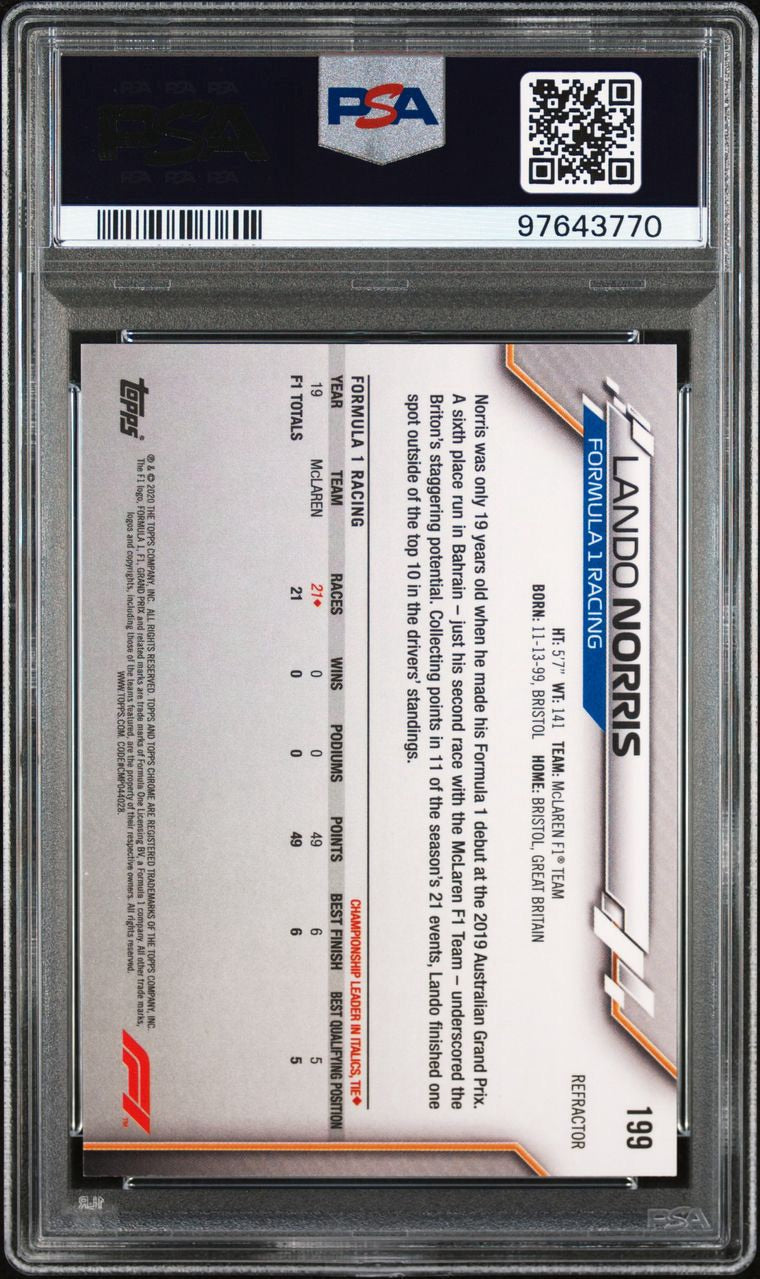 2020 Topps Chrome F1 Formula 1 Refractor Lando Norris #199 Freshest Rookie PSA 10 Gem Mint